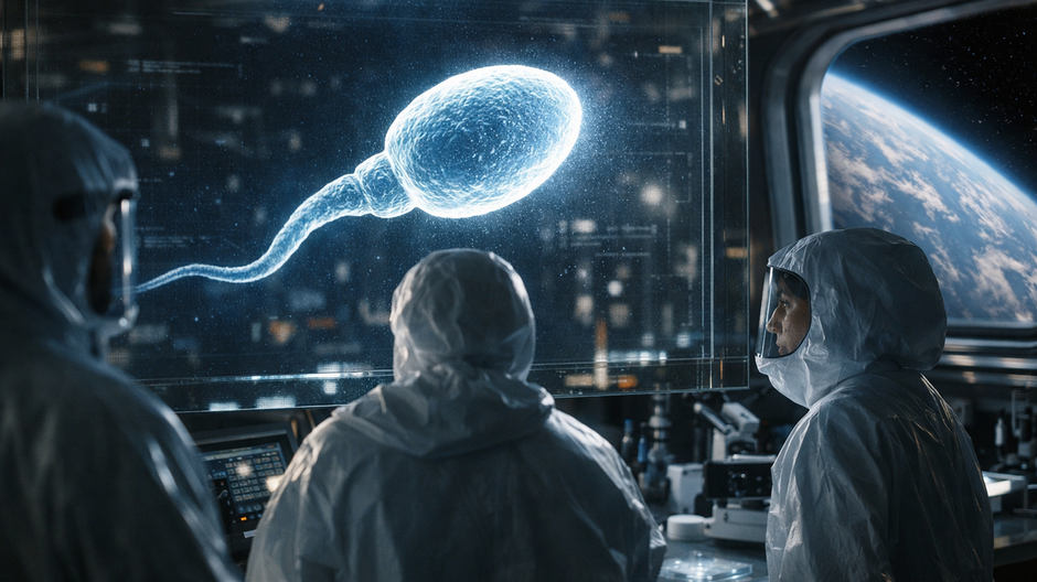 Vedci v kozmickom laboratóriu sledujú na obrazovke spermiu, ktorá symbolizuje problém reprodukcie v mikrogravitácii.