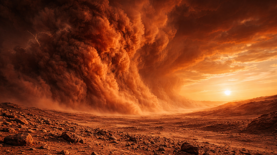 Masívna prachová búrka na povrchu Marsu s náznakom elektrického výboja v atmosfére planéty.
