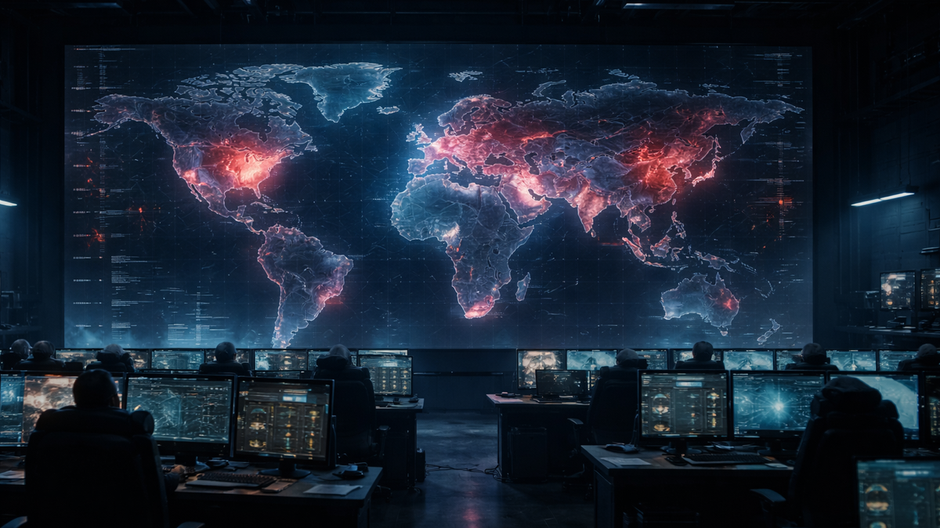 Moderné veliteľské centrum s veľkou digitálnou mapou sveta a napätou technologickou atmosférou.