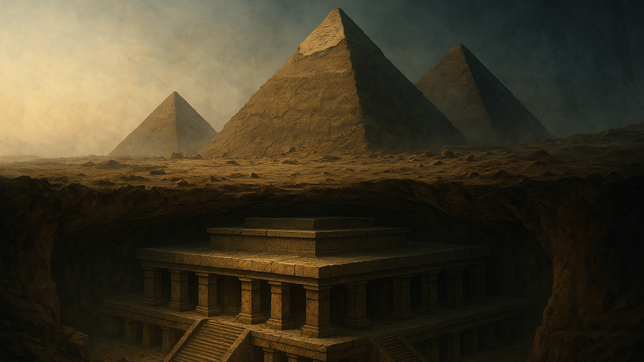 Ilustrácia starobylej megastruktúry ukrytej hlboko pod egyptskými pyramídami v Gíze, s monumentálnou kamennou architektúrou a tajomnou atmosférou