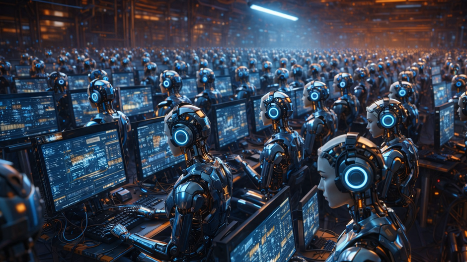 Masívna tmavá serverová hala s nekonečnými radmi rackov ponorených do tieňa, nad ktorými sa vytvára žiariaca neurónová sieť z dátových vlákien a abstraktné digitálne siluety umelej inteligencie komunikujú bez prítomnosti ľudí.