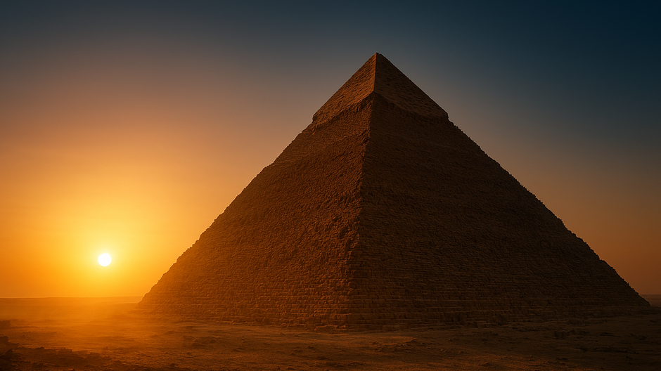Fotorealistický záber Veľkej pyramídy v Gíze pri východe slnka.