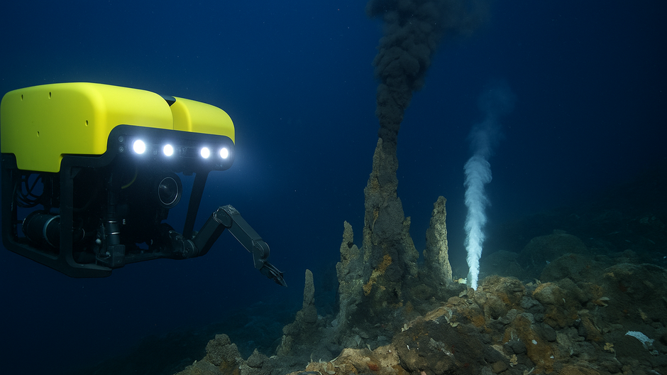 Podvodný robot skúma horúce a studené hydrotermálne vývery na morskom dne pri Papue-Novej Guinei, osvetlený svojimi prednými reflektormi.