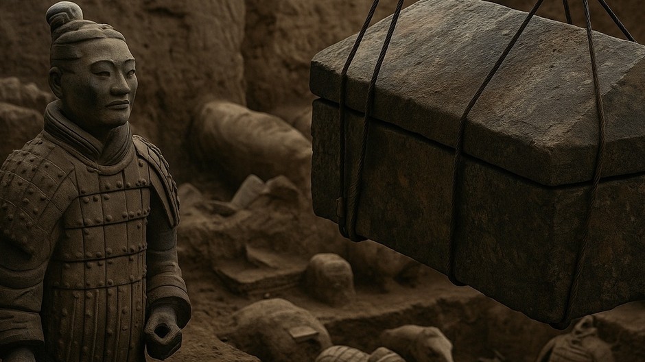 Hlinení bojovníci čínskej terakotovej armády s vykopávkami v pozadí