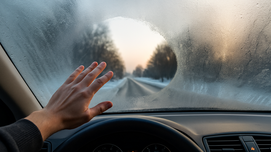 Vodič odmrazuje zahmlené čelné sklo auta počas chladného rána pomocou klimatizácie a ventilátora