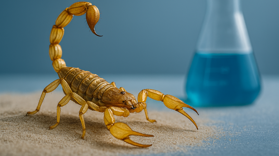 Zlatý škorpión v piesku s pozadím laboratórnej banky s modrou tekutinou.