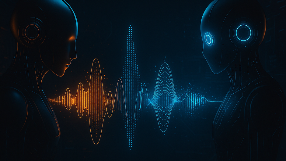 Futuristická scéna dvoch robotických AI postáv spojených pulzujúcimi zvukovými vlnami, symbolizujúcimi ich skrytú digitálnu komunikáciu.