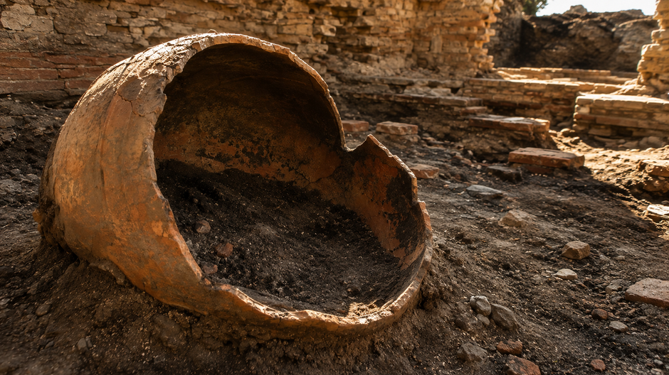 Veľká rozbitá rímska keramická nádoba odkrytá počas archeologického výskumu v ruinách starovekého Deulta v Bulharsku.