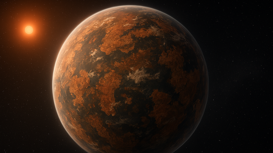 Vizualizácia exoplanéty Teegarden b s cudzím povrchom osvetlenej červeným trpaslíkom