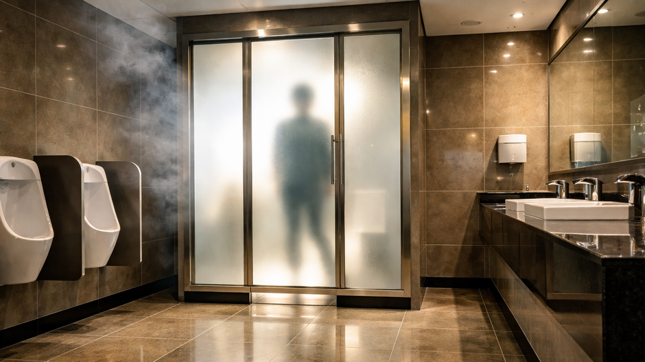Mužská toaleta v modernom čínskom nákupnom centre s kabínkou, ktorej sklenené dvere reagujú na cigaretový dym.