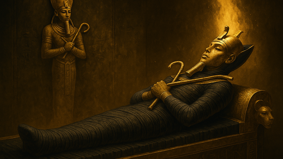 Ilustrácia zobrazujúca mumifikovaného faraóna Tutanchamóna ako boha Ozirisa, ležiaceho na zlatej pohrebnej posteli, s krížom a žezlom v rukách, za ním reliéf boha smrti.