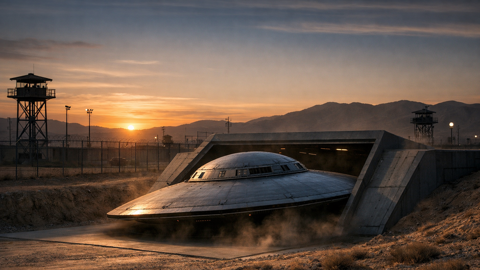 Fotorealistická scéna kovového lietajúceho taniera, ktorý sa čiastočne vysúva z podzemného hangára v nevadskom púštnom komplexe za súmraku, s vojenským oplotením, strážnymi vežami a dramatickým západom slnka v pozadí.
