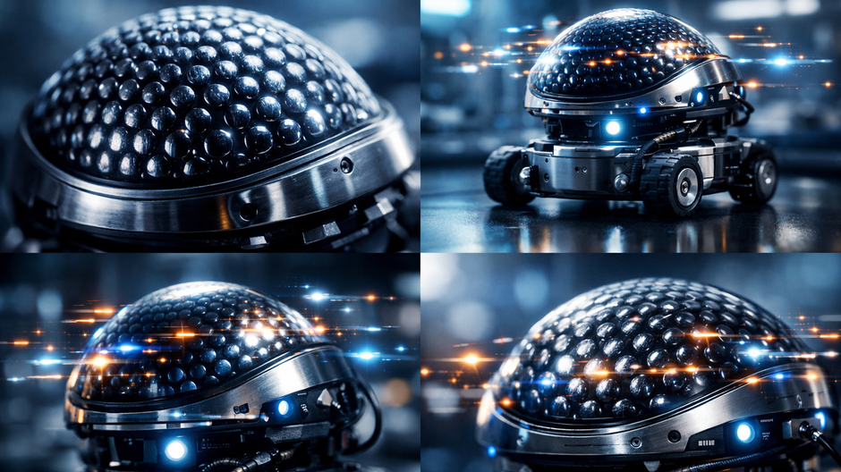 Fotorealistická 4K laboratórna scéna zobrazujúca malého autonómneho robota s hemisférickým senzorom inšpirovaným hmyzím zloženým okom, detail mikrošošoviek.