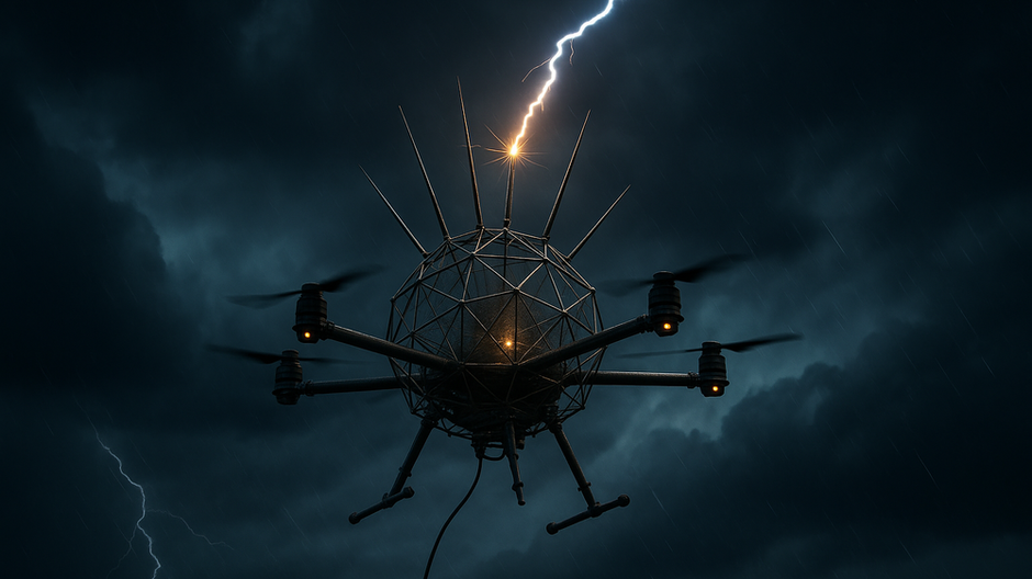 Japonský drón počas experimentu s Faradayovou klietkou, ktorý zachytáva blesk vo výške 300 metrov