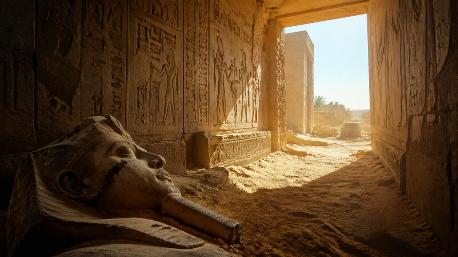 Archeologický pohľad na mumiu v egyptskej hrobke s papyrusom položeným na bruchu počas výskumu v lokalite Oxyrhynchus.