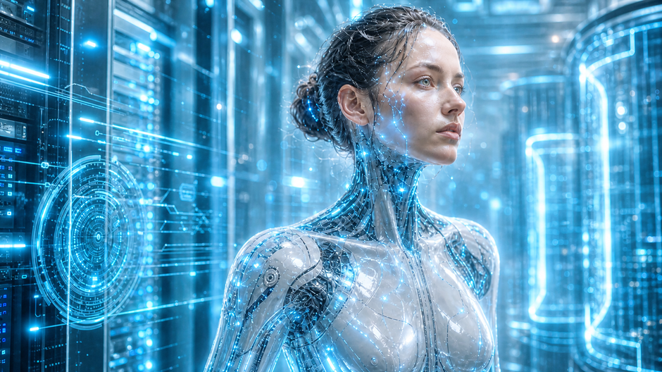 Futuristická ženská umelá inteligencia so svietiacimi obvodmi stojí v žiarivom dátovom centre.