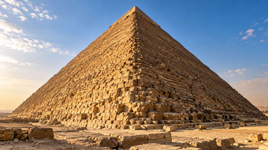 Veľká Chufuova pyramída v Gíze s výraznou hranou a vrstvami zvetraných vápencových blokov.