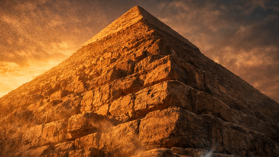 Detailný pohľad zdola na Veľkú pyramídu v Gíze s masívnymi vápencovými blokmi, výraznými eróznymi ryhami a zlatým svetlom zapadajúceho slnka