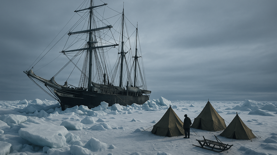 Loď Endurance uväznená v antarktickom ľade s tromi stanmi a členom posádky v tábore na zamrznutom mori pod zatiahnutou oblohou.