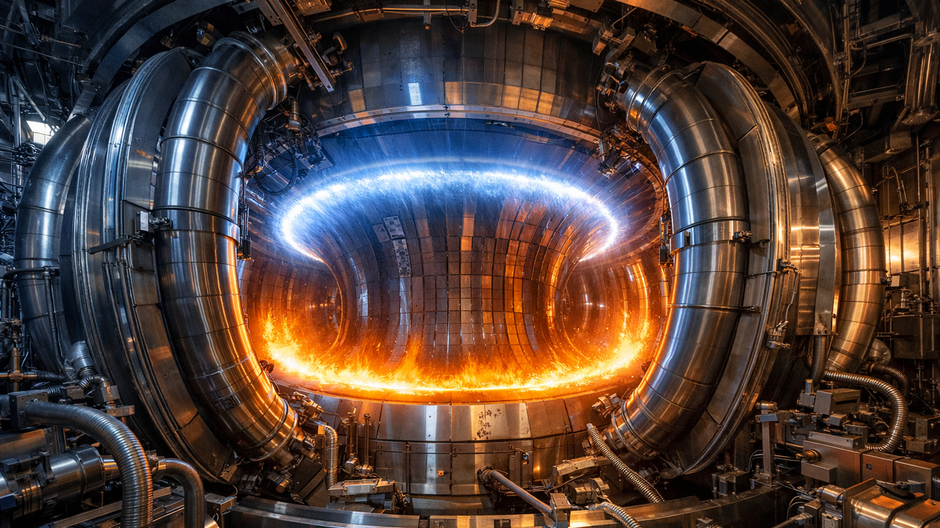 Fotorealistický interiér experimentálneho jadrového fúzneho reaktora typu tokamak s jasne žiariacou toroidnou plazmou udržiavanou magnetickými cievkami, detailné kovové steny a supravodivé magnety
