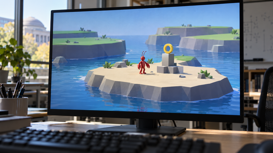 Monitor s ilustráciou virtuálneho ostrova, na ktorom AI agent skúma stavbu z kociek a žltého kruhu.