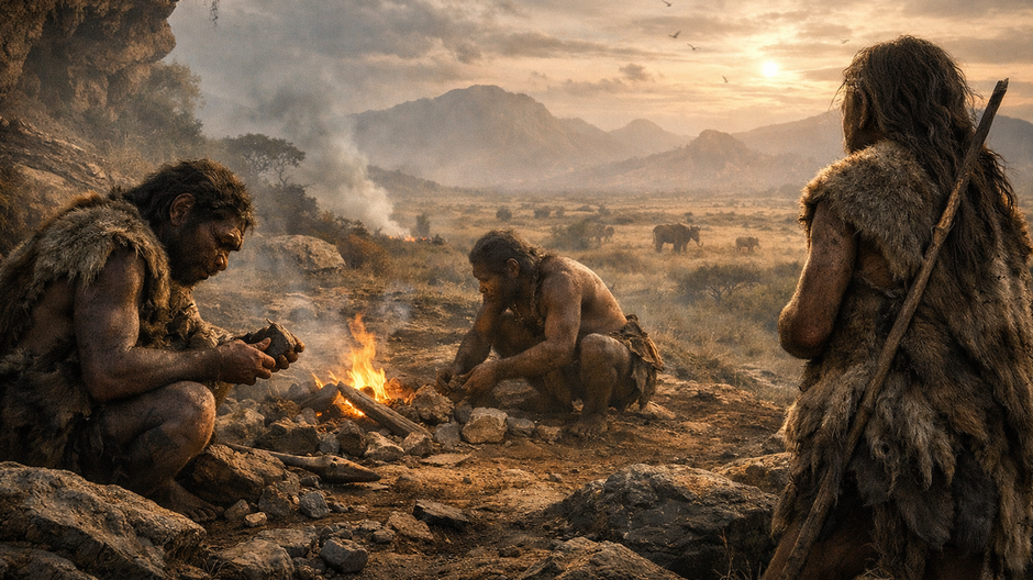 Fotorealistická praveká scéna s ranými predkami človeka v africkej savane