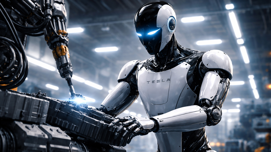 Humanoidný robot Tesla Optimus pracujúci v modernej továrni pri manipulácii s priemyselným komponentom