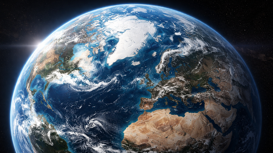 Fotorealistický pohľad na Zem z vesmíru s výrazne viditeľnou Arktídou