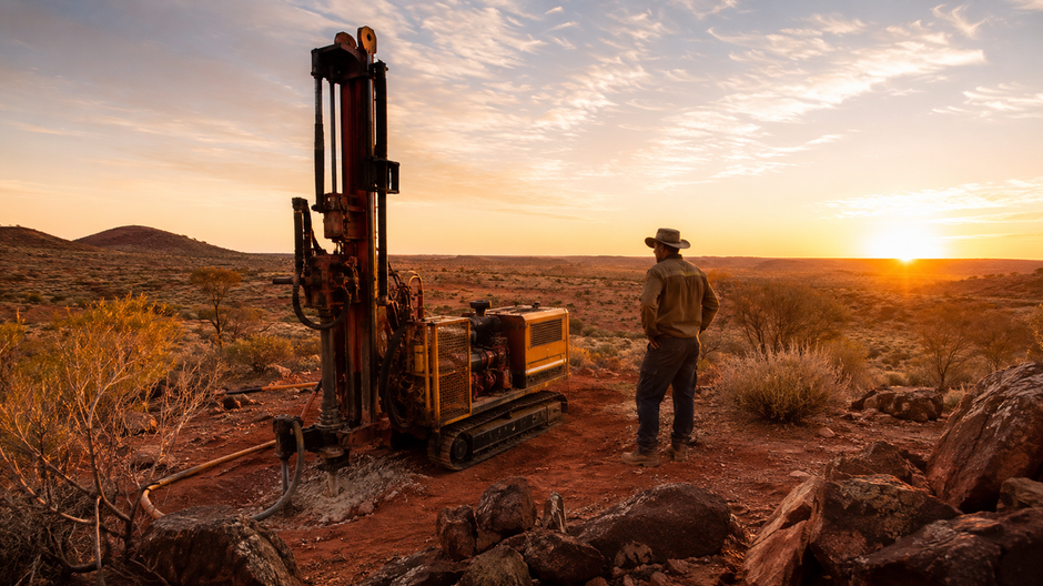Geológ pri vrtnej súprave v austrálskej krajine, kde AI pomáha hľadať kritické minerály.