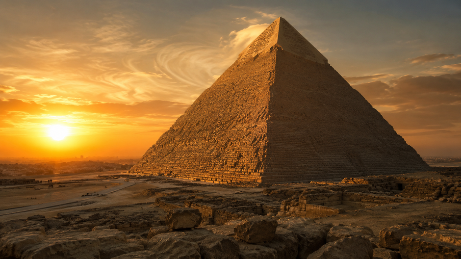 Veľká pyramída v Gíze osvetlená ranným slnkom na pozadí egyptskej púšte.