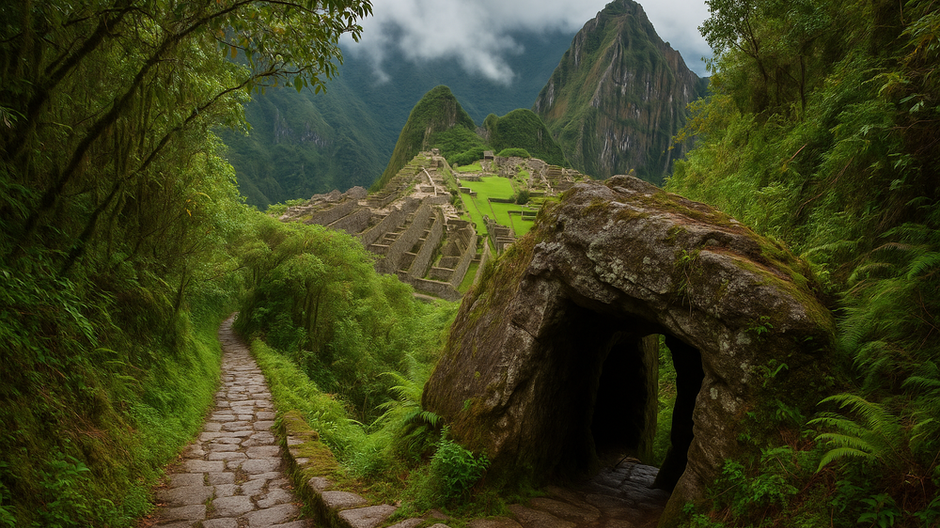 Kamenná cesta Inkov vedúca cez skrytý tunel v džungli k ruinám Machu Picchu v peruánskych Andách.