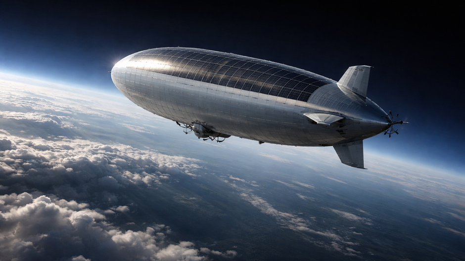 Solárna vysokovýšková vzducholoď letiaca v stratosfére vysoko nad oblakmi.