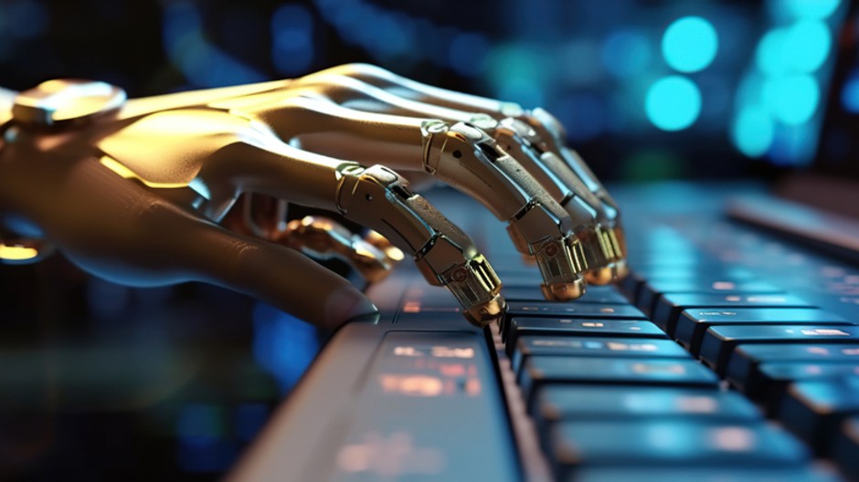 robotic-cyborg-hand-pressing-keyboard-laptop