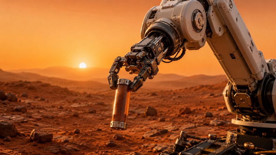 Európske robotické rameno manipuluje so vzorkou marťanskej pôdy na povrchu planéty Mars.