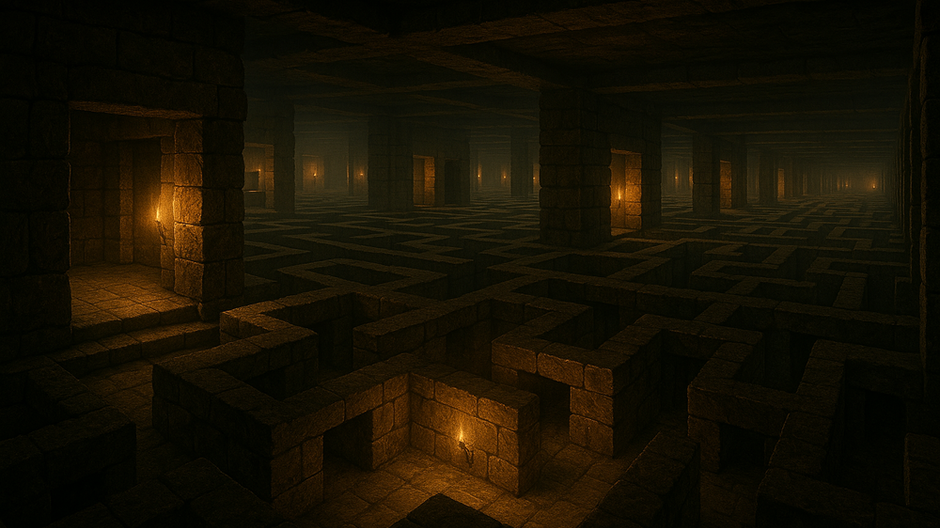 Realistická ilustrácia podzemného labyrintu ukrytého pod egyptskou pyramídou v Haware, inšpirovaná opisom Herodota.