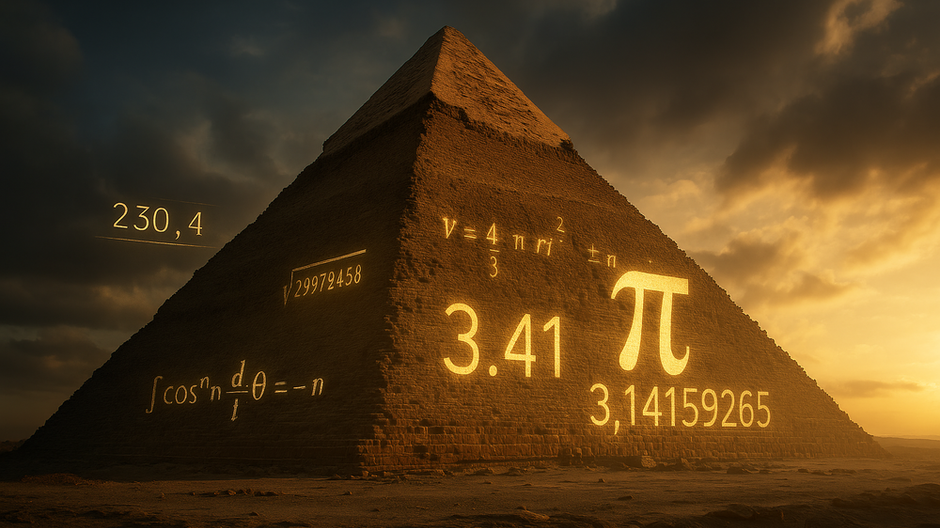 Cheopsova pyramída v Gíze osvetlená slnečným svetlom s digitálnymi číslami a vzorcami premietanými na jej steny.