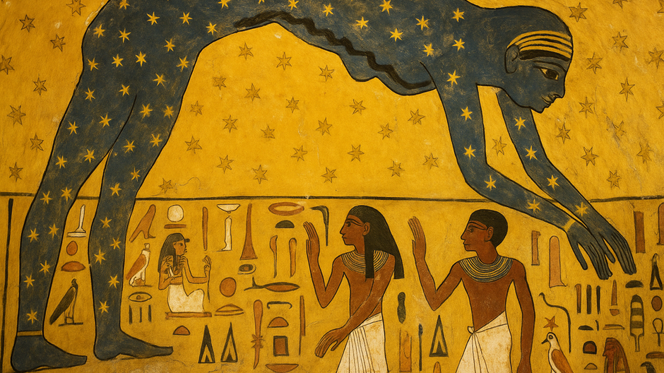 Maľba na staroegyptskom sarkofágu zobrazujúca bohyňu Nut ako hviezdnu oblohu s natiahnutým telom nad ľuďmi a hieroglyfmi, zlaté pozadie