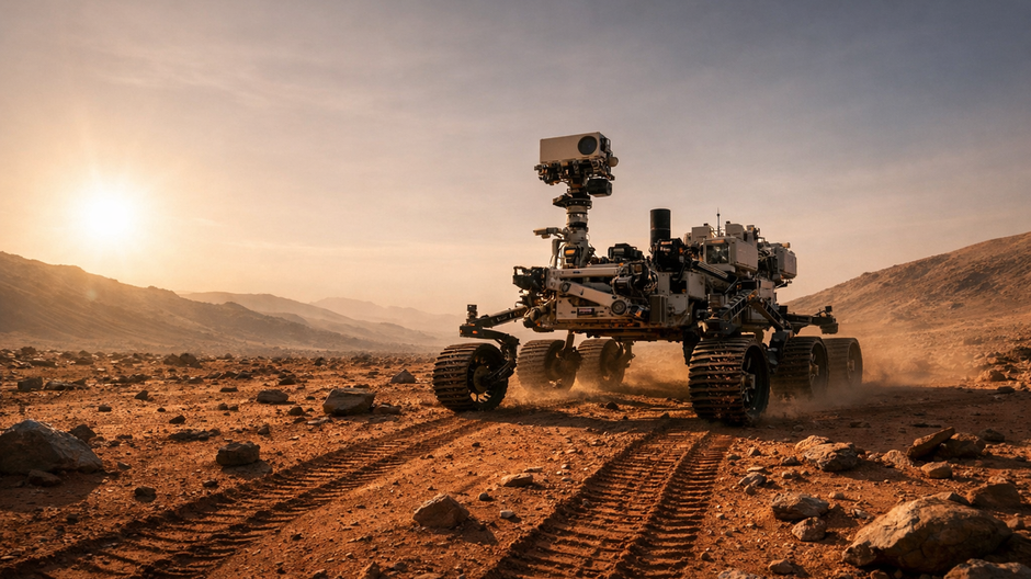 Autonómny rover Perseverance prechádza kamenistým povrchom Marsu, zanecháva stopy v červenom prachu a je osvetlený nízkym marťanským slnkom.