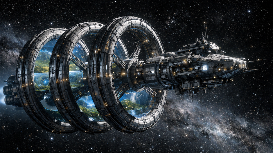 Gigantická generačná vesmírna loď s rotujúcimi habitatmi putujúca medzihviezdnym priestorom.