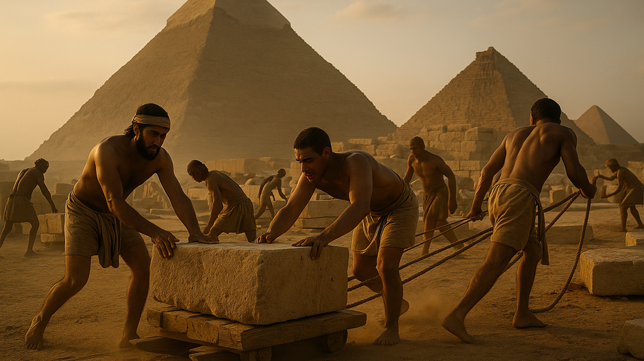 Starovekí robotníci ťahajú a posúvajú kamenné bloky pri stavbe egyptskej pyramídy v zaprášenom púštnom prostredí, pri teplom večernom svetle, s pyramídami v pozadí v realistickej historickej scéne.
