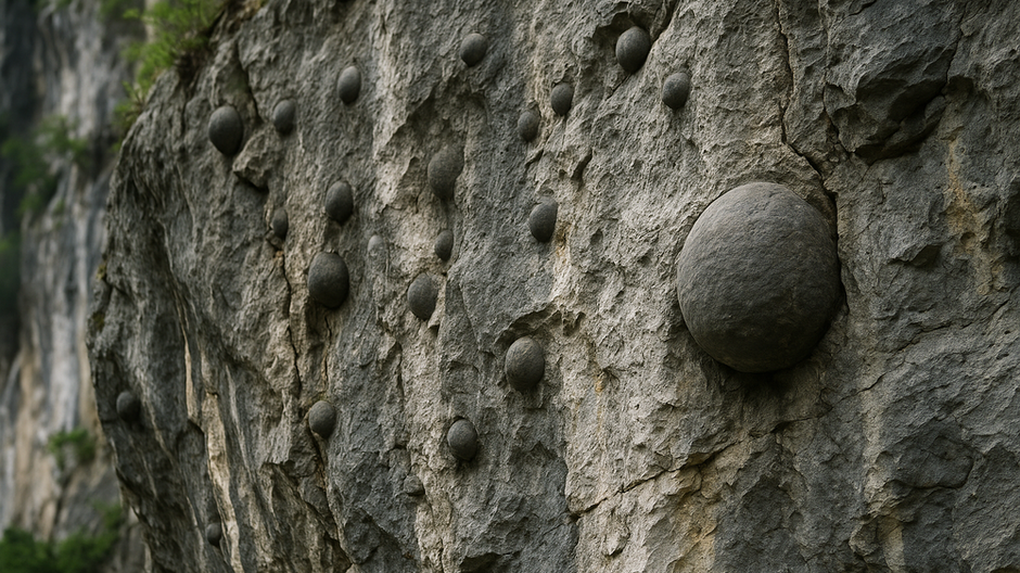 Skalný útes s vystupujúcimi vajcovitými konkréciami pripravenými na oddelenie, prírodný geologický úkaz