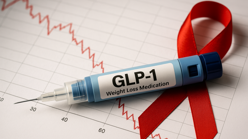 Injekčná striekačka s nápisom GLP-1 a grafom klesajúceho rizika rakoviny na pozadí, symbolizujúca účinok lieku na zdravie.