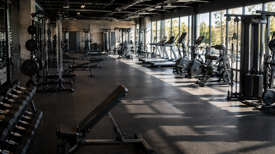 Záber na gym s vybavením a strojmi na cvičenie bez návštevníkov