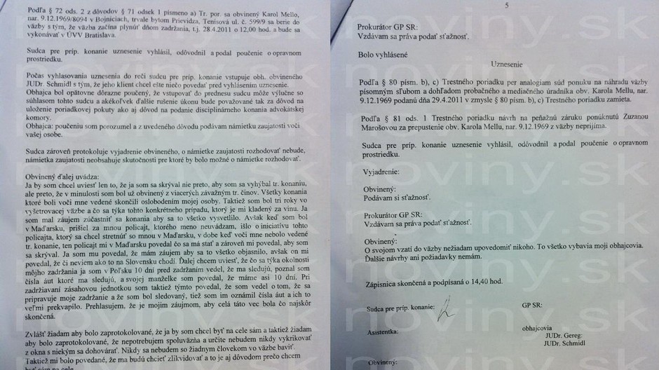 Karol Mello, zápisnica o výsluchu obvineného