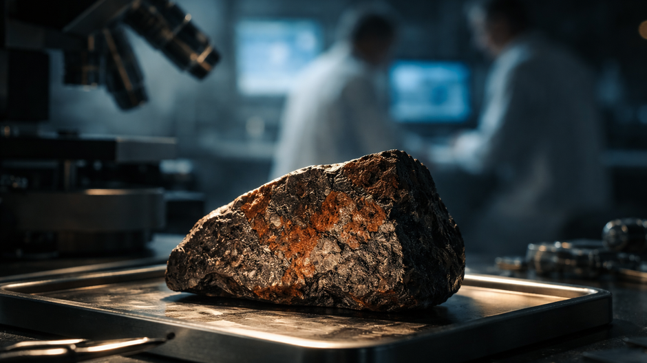 Detail marťanského meteoritu v laboratóriu počas analýzy kontaminácie vzorky