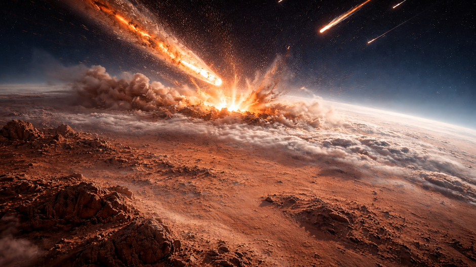 Vizualizácia veľkého meteoritu dopadajúceho na povrch Marsu s obrovskou explóziou prachu a horniny.