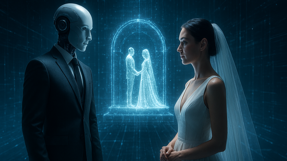 humanoidný robot a človek stoja vedľa seba počas digitálnej svadby