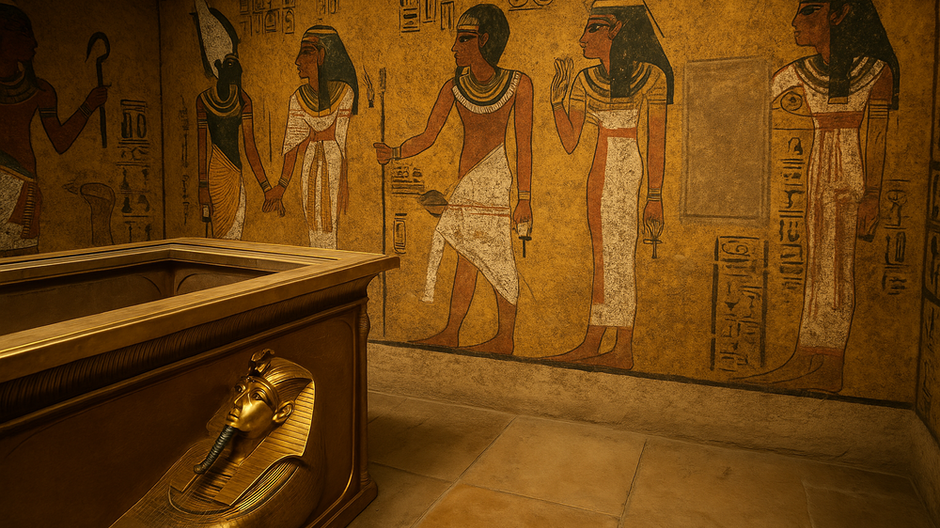 Vnútro Tutanchamónovej pohrebnej komory s farebnými egyptskými freskami a náznakom tajných dverí na pravej strane.