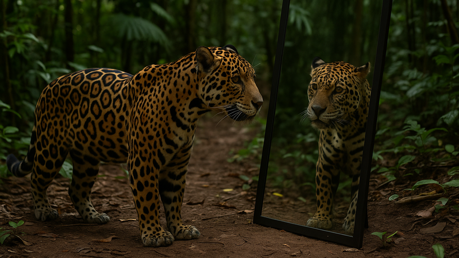 Jaguár v džungli skúma svoj odraz v zrkadle počas vedeckého experimentu.
