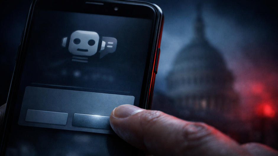 Detailný záber na displej smartfónu v tmavom prostredí, kde prst smeruje na tlačidlo odinštalovania AI chatbota, v rozostrenom pozadí silueta vládnej budovy s modro-červeným dramatickým osvetlením.